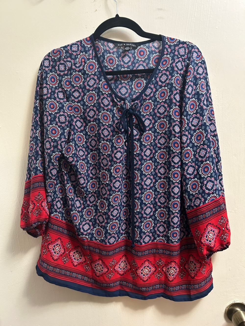 Zac & Rachel Navy & Red Boho Tie-Neck Women's Blouse Size L / G
